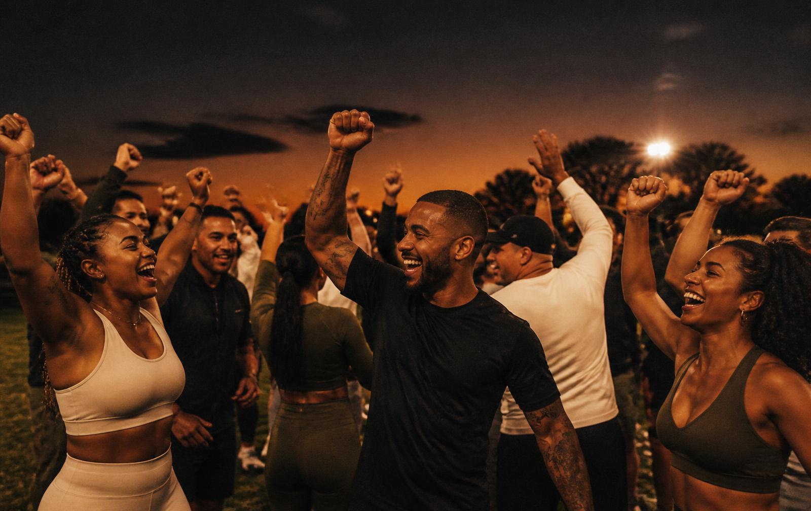 Adults celebrating together on the field at dusk